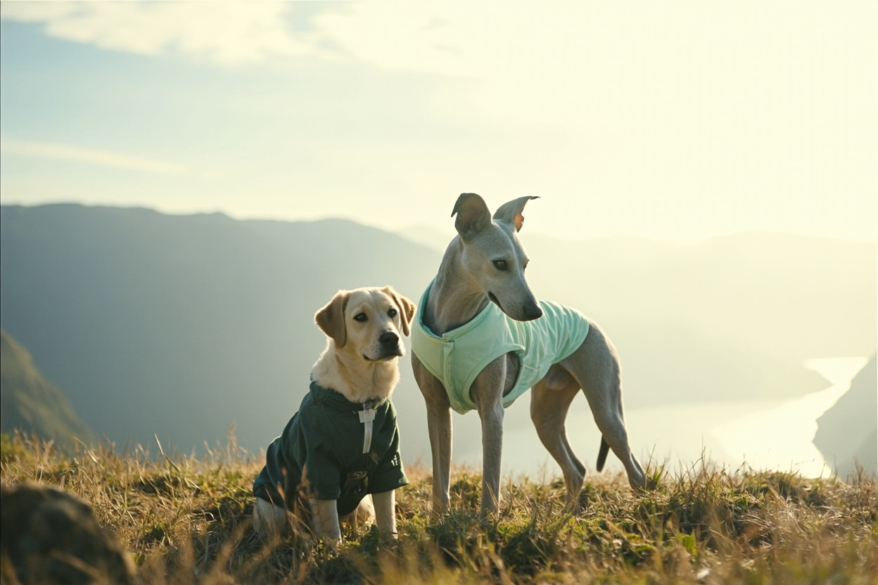 Greyhound and Labrador on a misty ridge