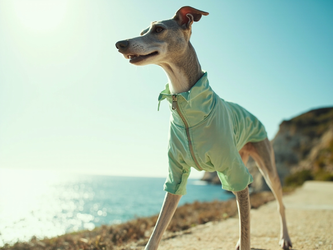 Greyhound in cooling suit on foggy coast