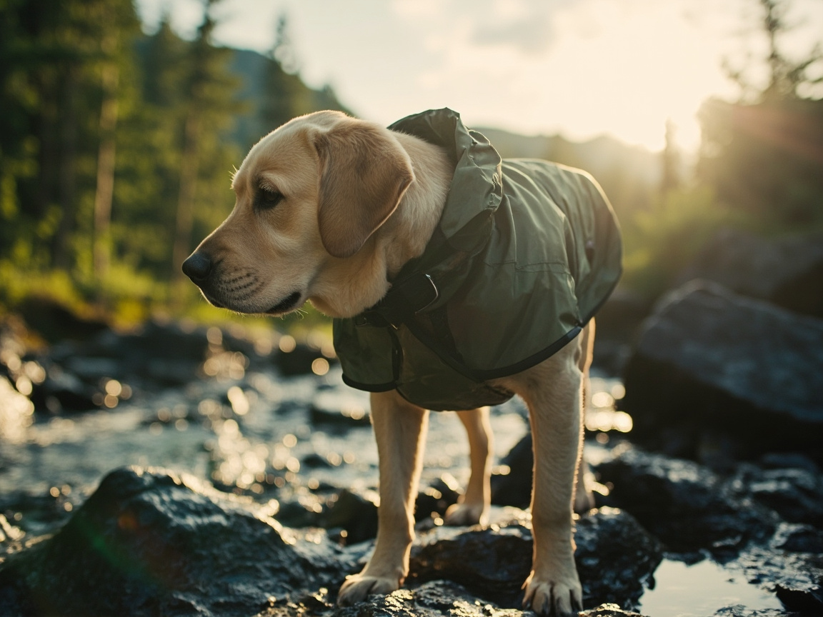 Labrador in rain shell, misty rain