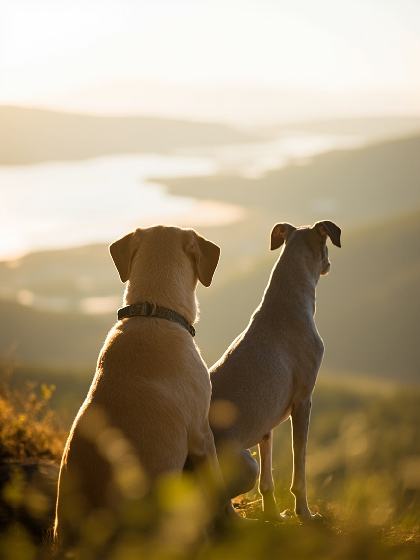 Two dogs overlooking a valley